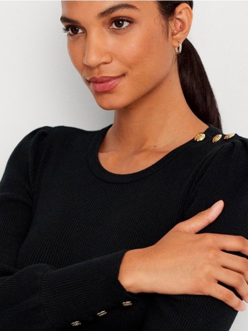 Lauren Ralph Lauren Crewneck Puff-Sleeve Black Sweater Petite Size Small New - Picture 3 of 5
